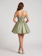 Green Satin A-Line Off-the-Shoulder Criss-Cross Straps Short Dress with 3D Flower - Curvevia