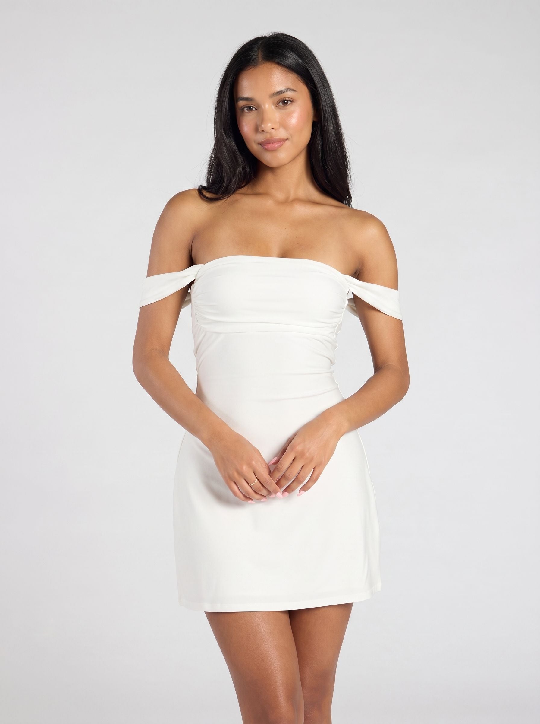 White Satin A-Line Off-the-Shoulder Backless Short Dress with Cuffed Sleeves - Curvevia
