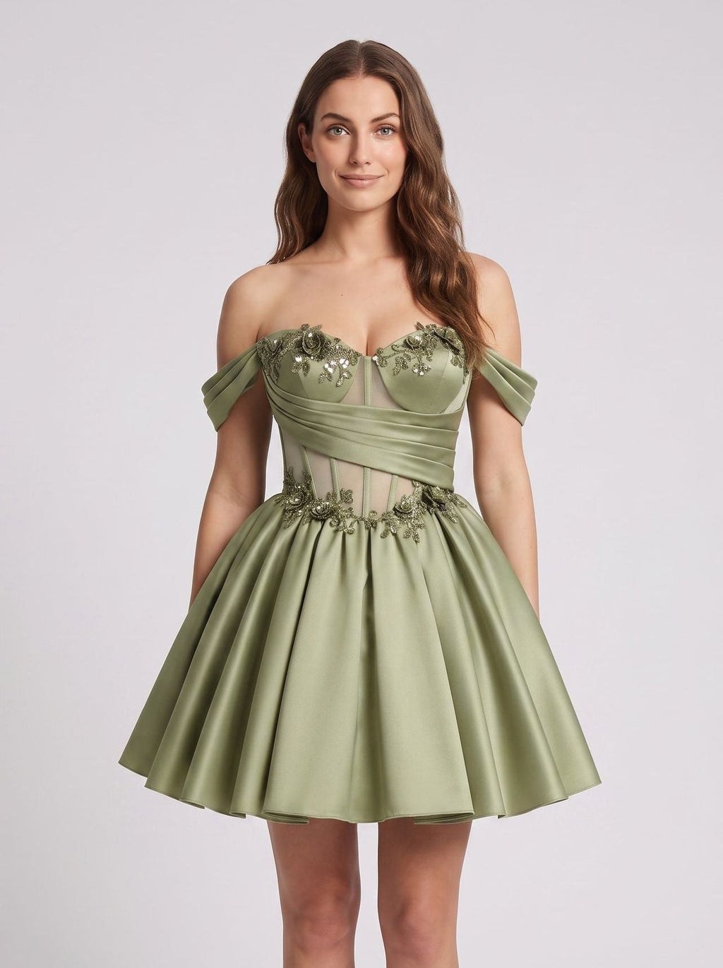 Green Satin A-Line Off-the-Shoulder Criss-Cross Straps Short Dress with 3D Flower - Curvevia