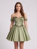 Green Satin A-Line Off-the-Shoulder Criss-Cross Straps Short Dress with 3D Flower - Curvevia
