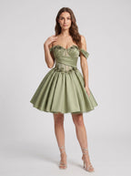 Green Satin A-Line Off-the-Shoulder Criss-Cross Straps Short Dress with 3D Flower - Curvevia
