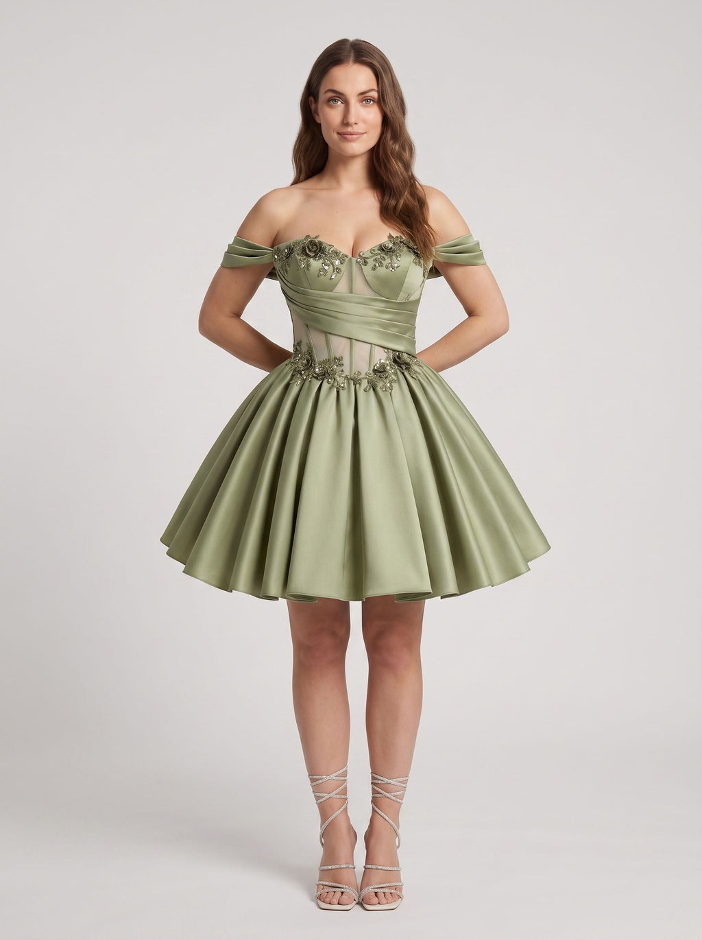 Green Satin A-Line Off-the-Shoulder Criss-Cross Straps Short Dress with 3D Flower - Curvevia