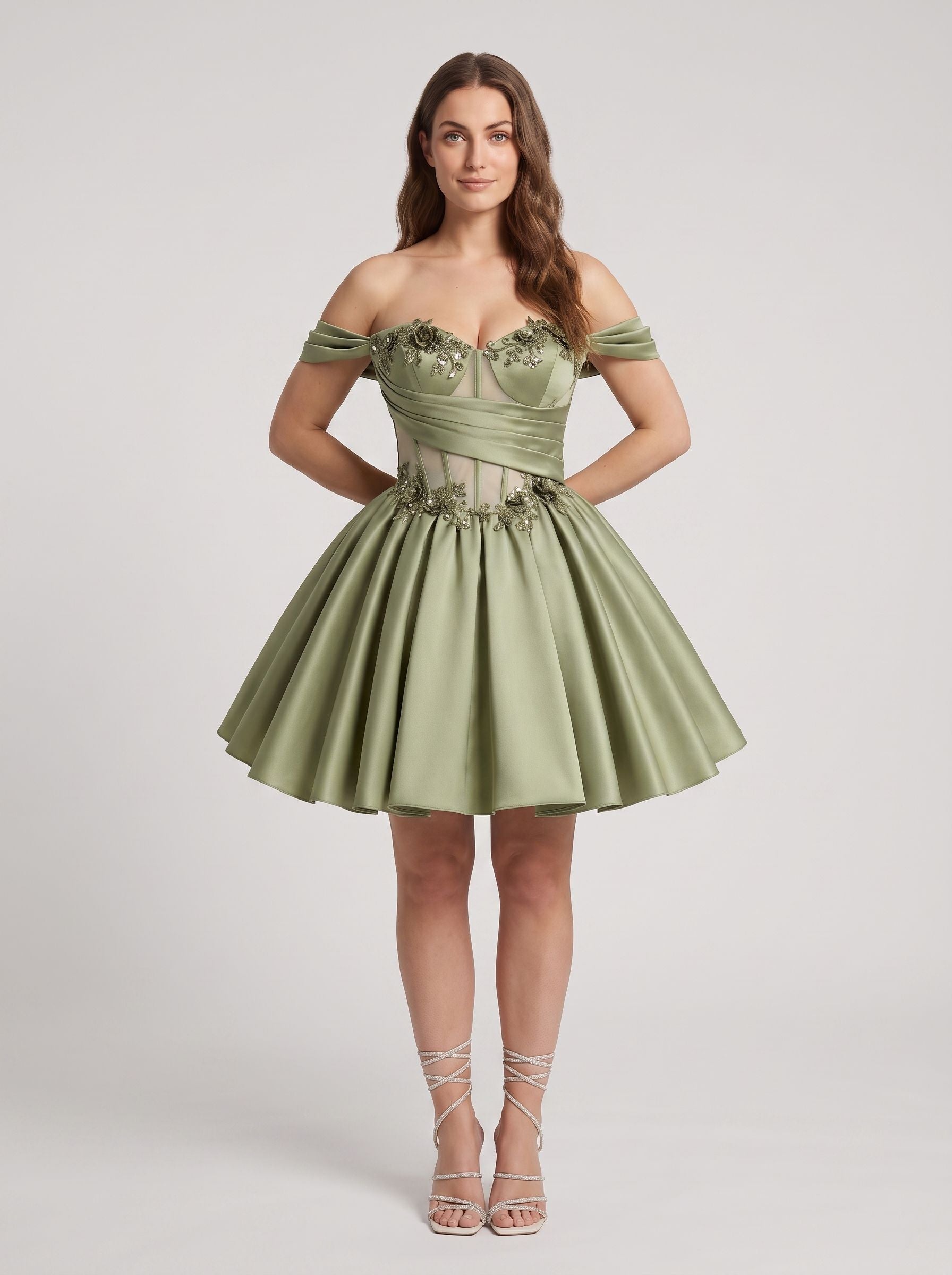 Green Satin A-Line Off-the-Shoulder Criss-Cross Straps Short Dress with 3D Flower - Curvevia
