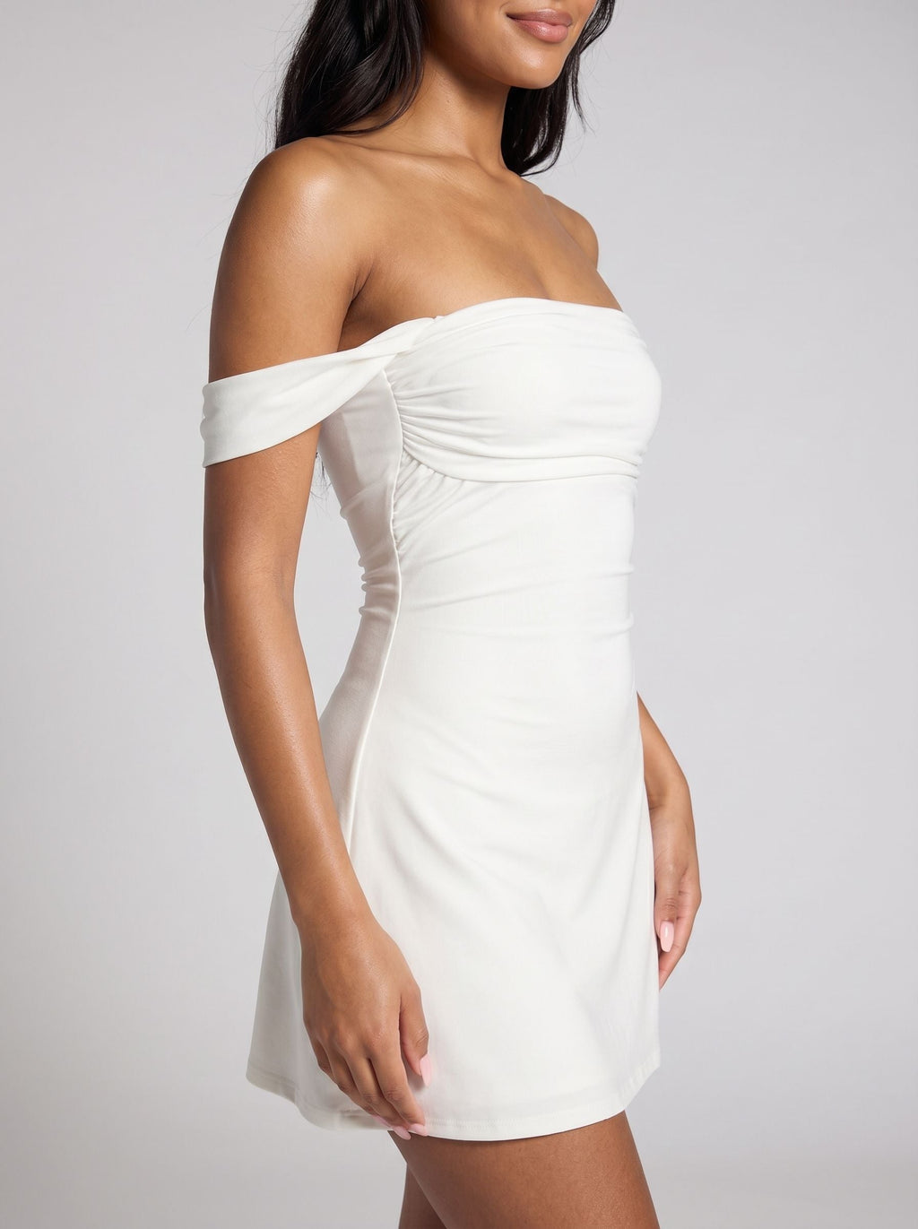 White Satin A-Line Off-the-Shoulder Backless Short Dress with Cuffed Sleeves - Curvevia