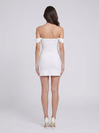 White Satin A-Line Off-the-Shoulder Backless Short Dress with Cuffed Sleeves - Curvevia