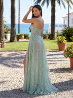 Dusty Sage Tulle Sheath Straight Neck Back Zip Floor-Length Dress with 3D Flowers - Curvevia