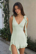 Sage V-Neck Chiffon A-Line Ruffled Homecoming Dress - Curvevia