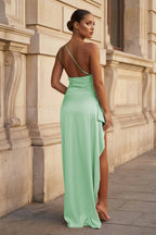 Pink One Shoulder Sheath Satin Long Wedding Guest Dress With Slit - Curvevia