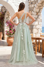 A Line One Shoulder Black Long Prom Dress with Appliques - Curvevia
