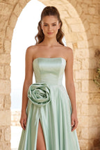 Black Strapless Satin Long Evening Dress With High Split - Curvevia