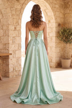 Black Strapless Satin Long Evening Dress With High Split - Curvevia