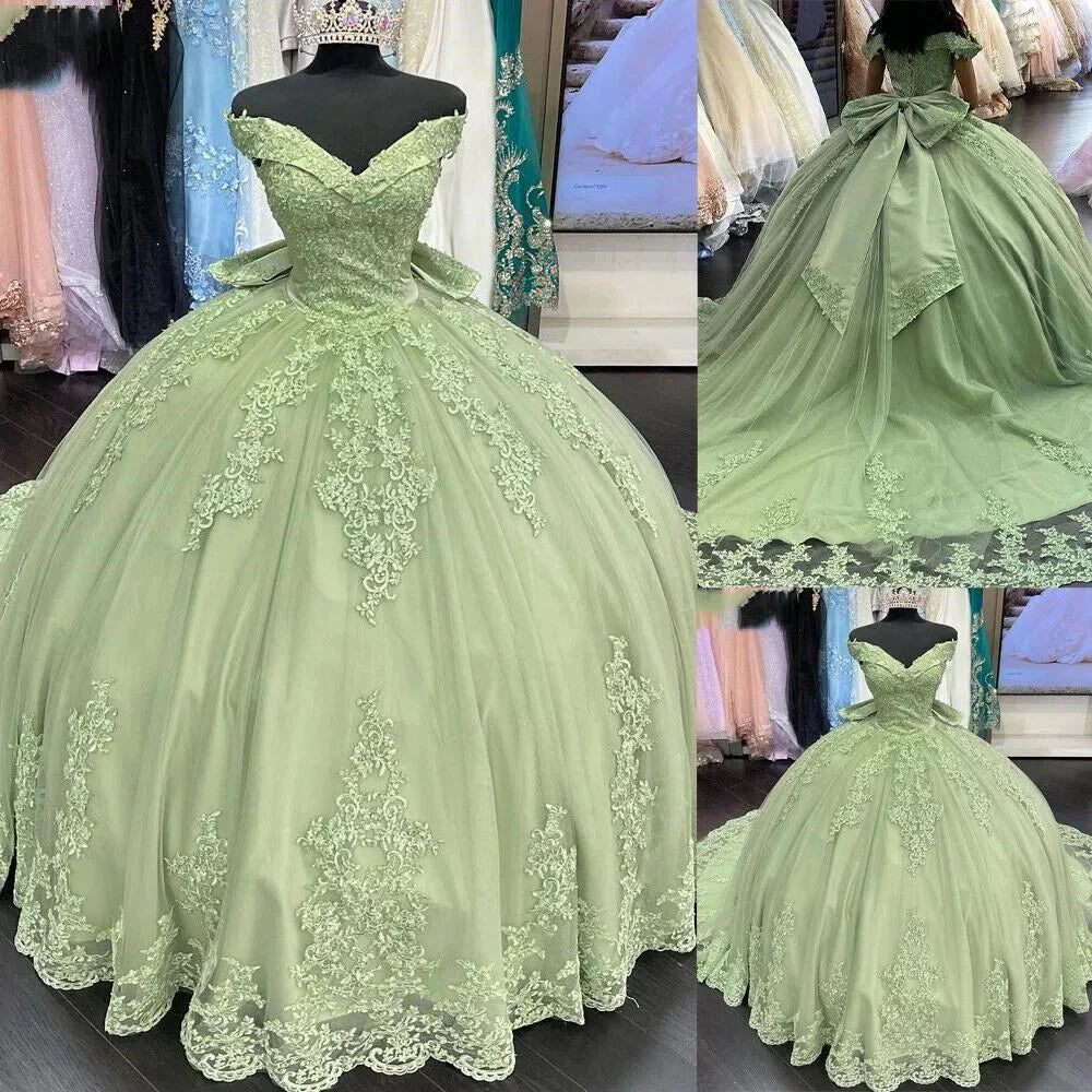 Lace Tulle Sage Applique Off Shoulder Quinceanera Dresses - Curvevia