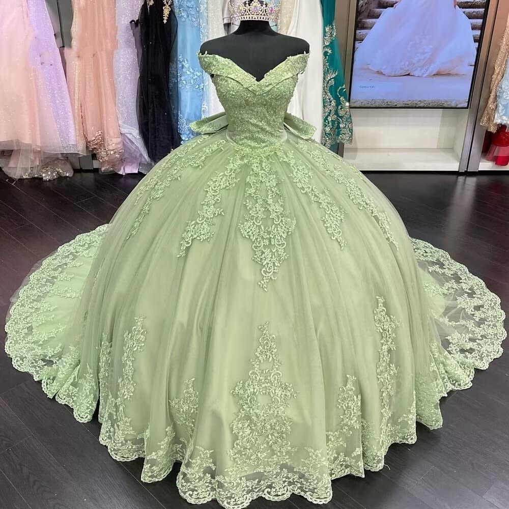 Lace Tulle Sage Applique Off Shoulder Quinceanera Dresses - Curvevia