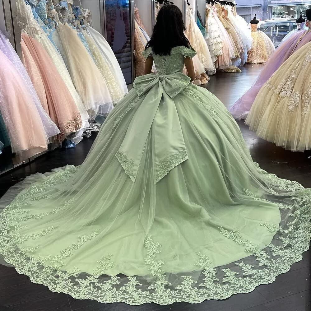 Lace Tulle Sage Applique Off Shoulder Quinceanera Dresses - Curvevia
