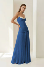 Blue Sweetheart Sheath Chiffon Pleated Long Wedding Guest Dress - Curvevia