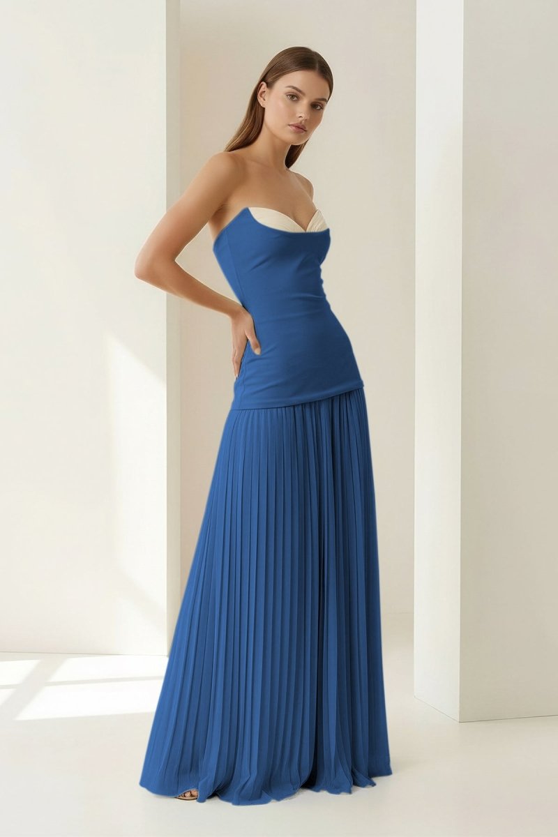 Blue Sweetheart Sheath Chiffon Pleated Long Wedding Guest Dress - Curvevia
