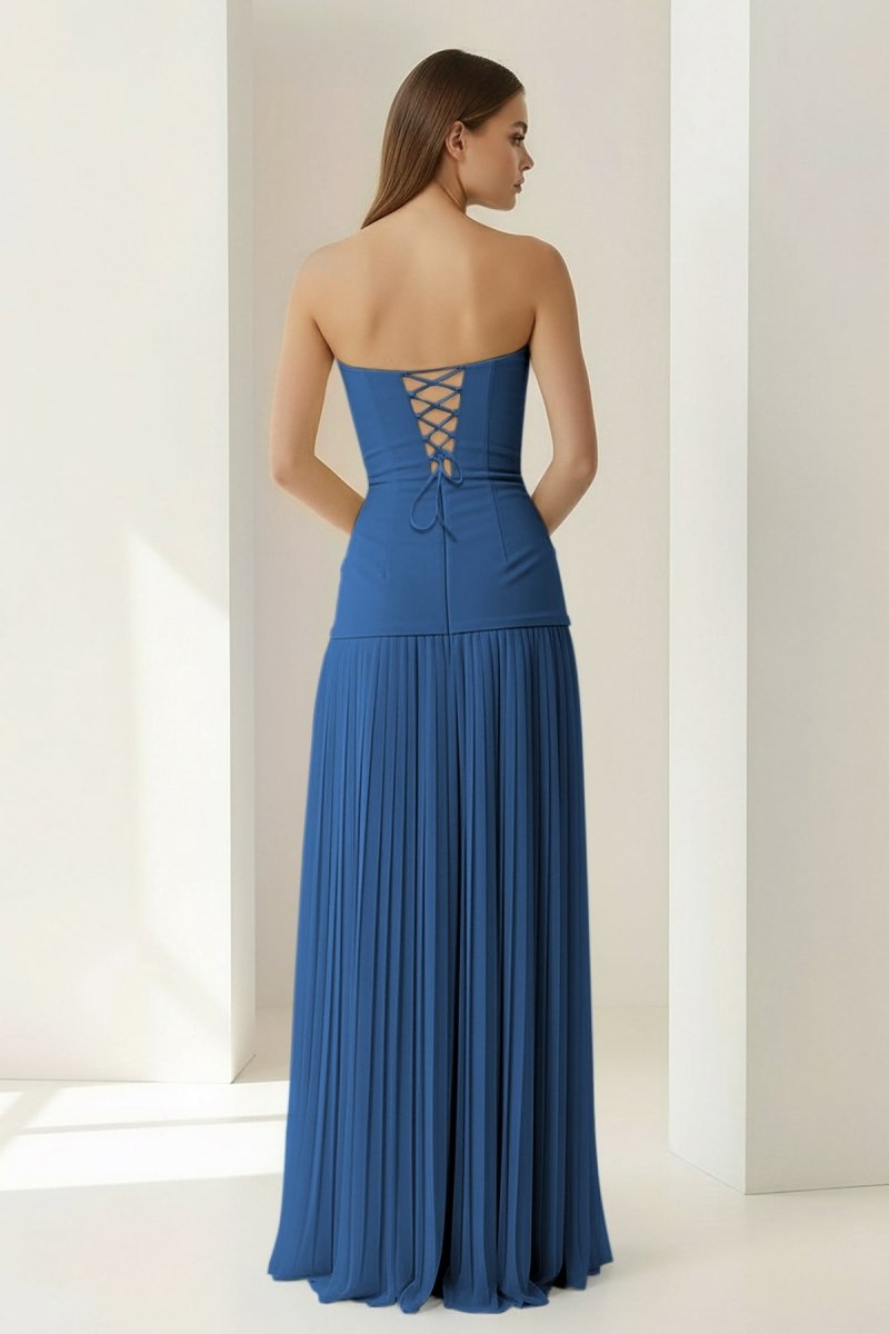 Blue Sweetheart Sheath Chiffon Pleated Long Wedding Guest Dress - Curvevia