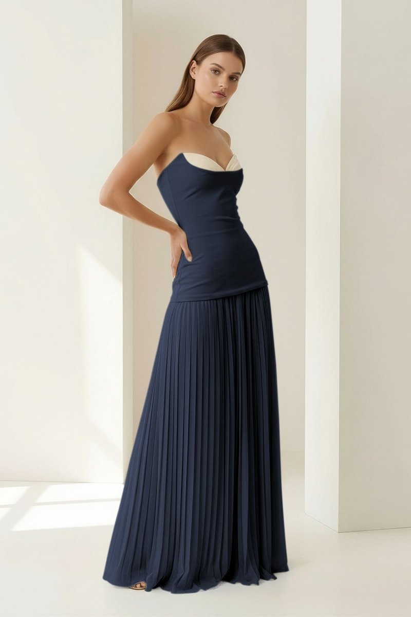 Blue Sweetheart Sheath Chiffon Pleated Long Wedding Guest Dress - Curvevia
