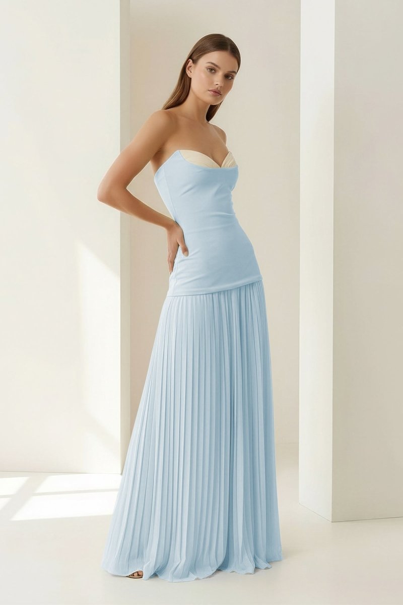 Blue Sweetheart Sheath Chiffon Pleated Long Wedding Guest Dress - Curvevia