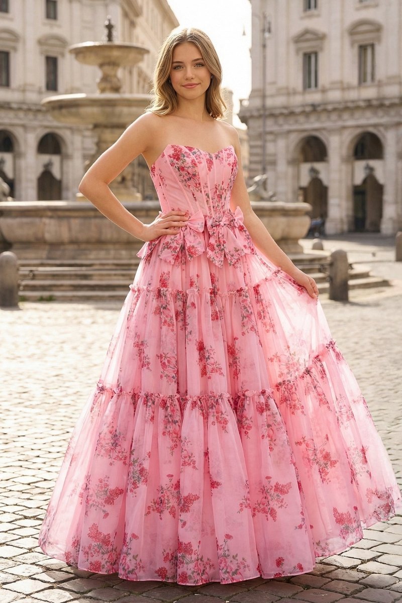 Pink Sweetheart Chiffon A Line Floral Tiered Wedding Guest Dress With Bow - Curvevia