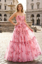 Pink Sweetheart Chiffon A Line Floral Tiered Wedding Guest Dress With Bow - Curvevia