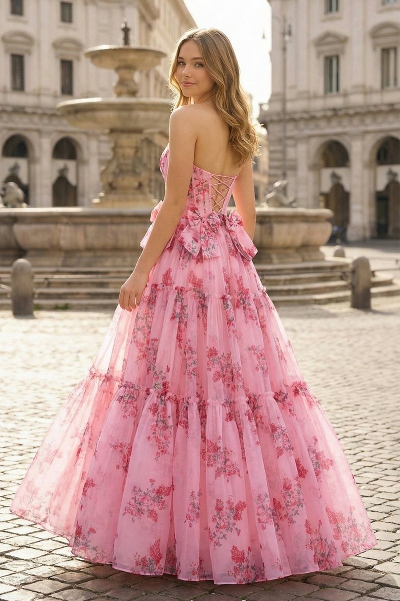 Pink Sweetheart Chiffon A Line Floral Tiered Wedding Guest Dress With Bow - Curvevia