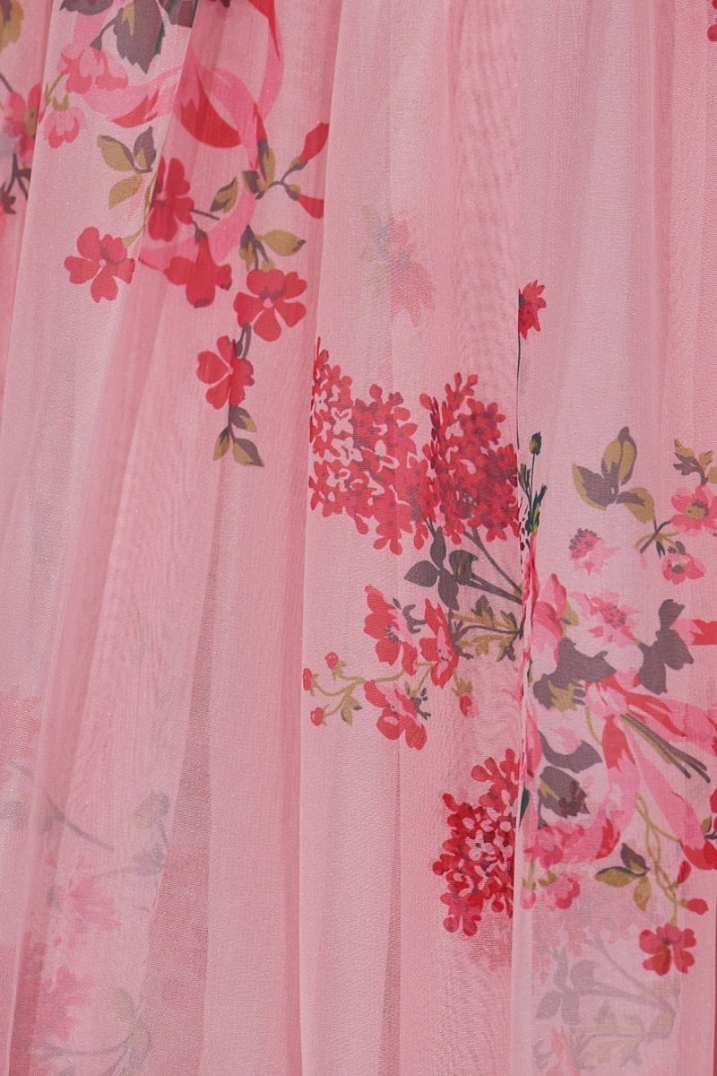 Pink Sweetheart Chiffon A Line Floral Tiered Wedding Guest Dress With Bow - Curvevia