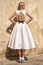 Satin A-Line Bateau Neck Midi Wedding Dress in White - Curvevia