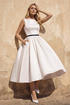 Satin A-Line Bateau Neck Midi Wedding Dress in White - Curvevia