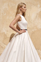 Satin A-Line Bateau Neck Midi Wedding Dress in White - Curvevia
