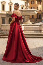 A-Line Evening Dress Celebrity Style Dress Christmas Sleeveless Off The Shoulder Satin with Slit - Curvevia