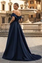 A-Line Evening Dress Celebrity Style Dress Christmas Sleeveless Off The Shoulder Satin with Slit - Curvevia