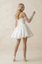 Satin Off-the-Shoulder A-Line Ruched Wedding Dress With Sleeves in White - Curvevia