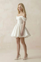 Satin Off-the-Shoulder A-Line Ruched Wedding Dress With Sleeves in White - Curvevia