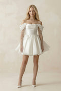 Satin Off-the-Shoulder A-Line Ruched Wedding Dress With Sleeves in White - Curvevia