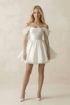 Satin Off-the-Shoulder A-Line Ruched Wedding Dress With Sleeves in White - Curvevia