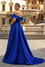 A-Line Evening Dress Celebrity Style Dress Christmas Sleeveless Off The Shoulder Satin with Slit - Curvevia