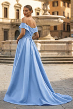A-Line Evening Dress Celebrity Style Dress Christmas Sleeveless Off The Shoulder Satin with Slit - Curvevia
