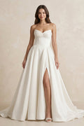 Satin Sweetheart A-Line Ruched Wedding Dress With Slit in Ivory - Curvevia