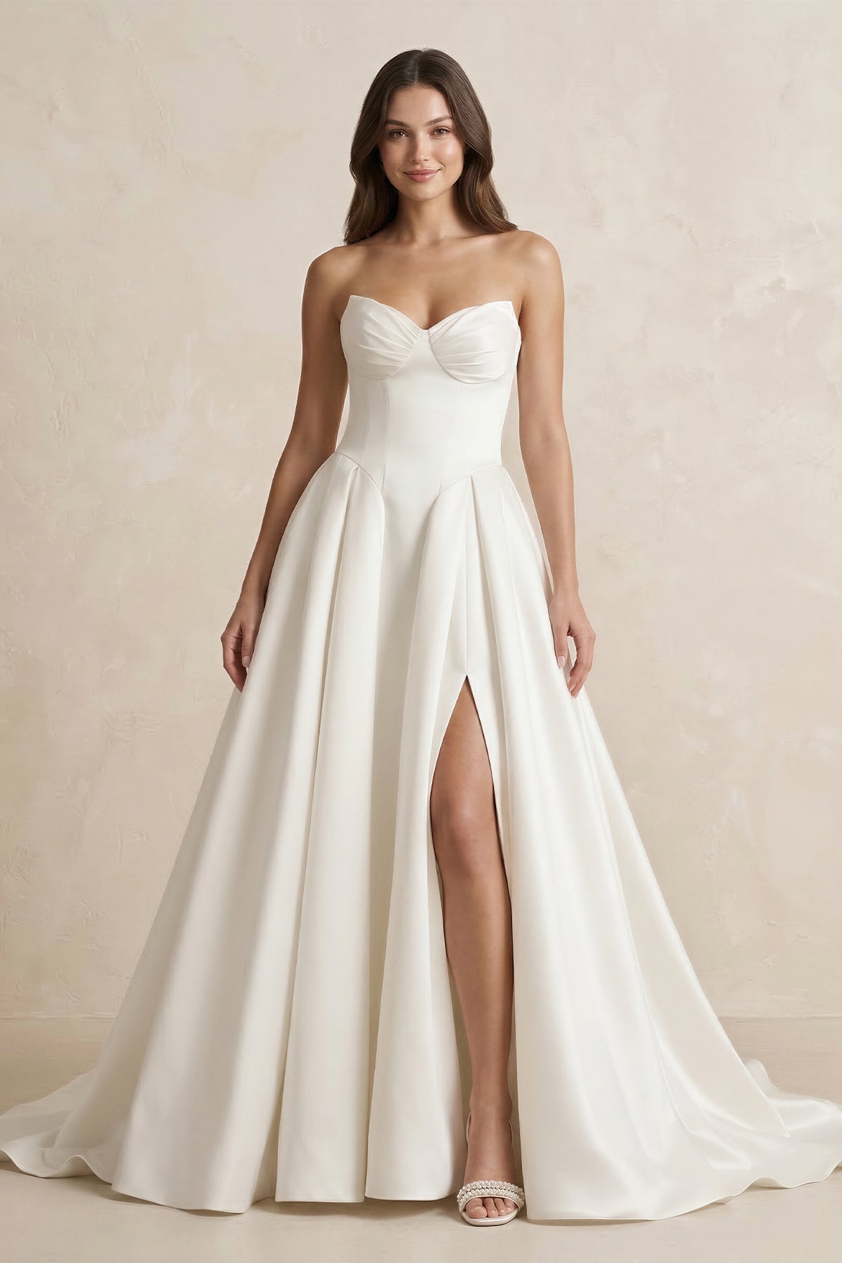 Satin Sweetheart A-Line Ruched Wedding Dress With Slit in Ivory - Curvevia