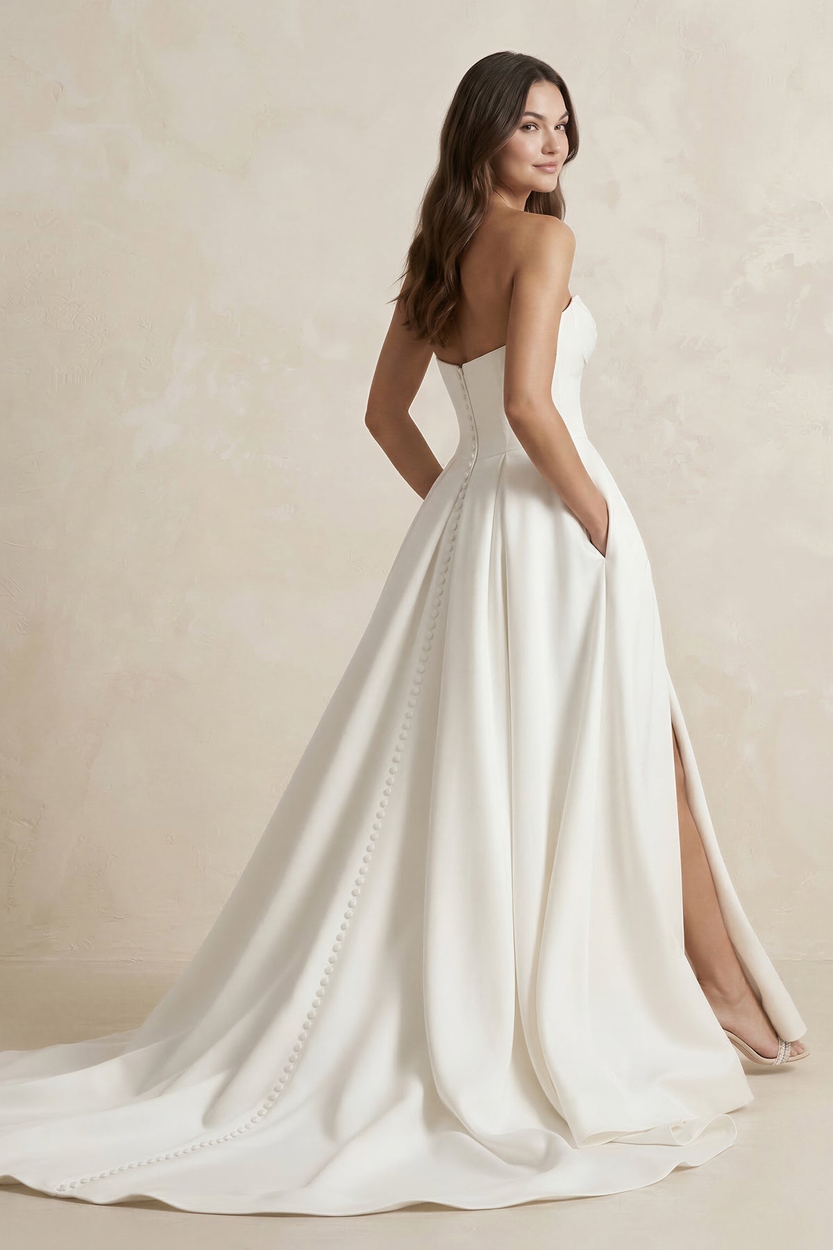 Satin Sweetheart A-Line Ruched Wedding Dress With Slit in Ivory - Curvevia