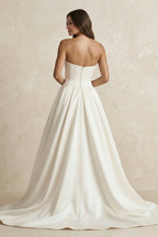 Satin Sweetheart A-Line Ruched Wedding Dress With Slit in Ivory - Curvevia