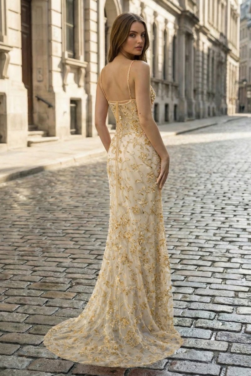 Champagne - Spaghetti Straps Mermaid Sequined Lace Long Evening Dress - Curvevia