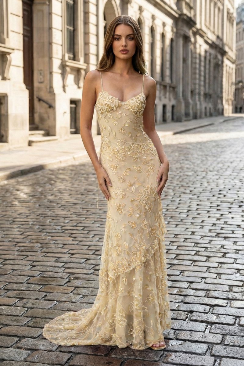 Champagne - Spaghetti Straps Mermaid Sequined Lace Long Evening Dress - Curvevia