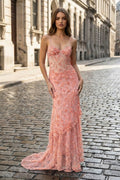 Pink Spaghetti Straps Mermaid Sequined Lace Long Evening Dress - Curvevia