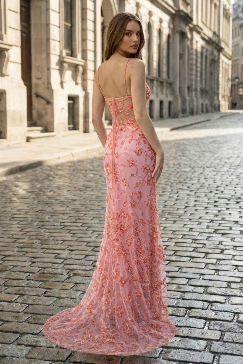 Pink Spaghetti Straps Mermaid Sequined Lace Long Evening Dress - Curvevia