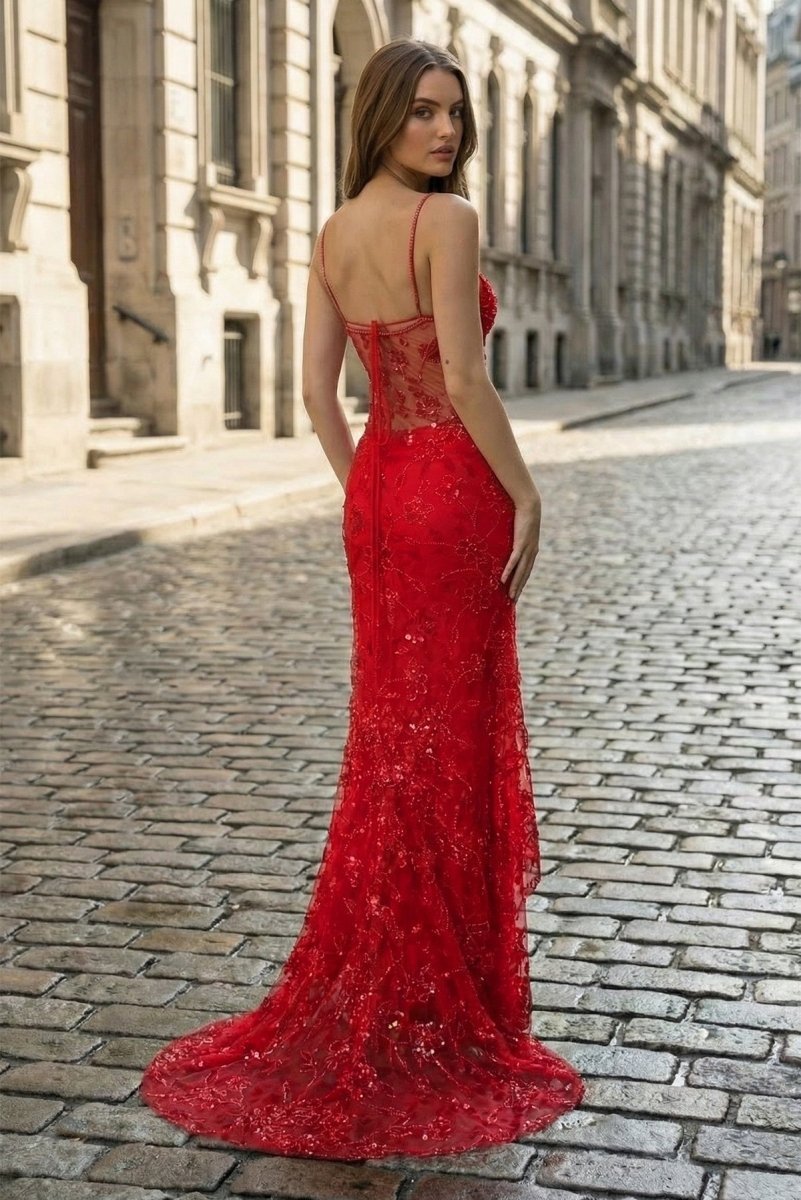 Red - Spaghetti Straps Mermaid Sequined Lace Long Formal Prom Dresses - Curvevia
