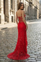 Pink Spaghetti Straps Mermaid Sequined Lace Long Evening Dress - Curvevia