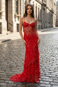 Red - Spaghetti Straps Mermaid Sequined Lace Long Formal Prom Dresses - Curvevia