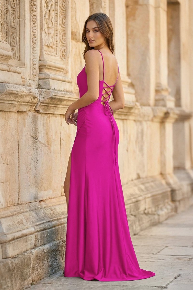 Royal Blue Spaghetti Straps Lace-Up Pleated Mermaid Gown - Curvevia